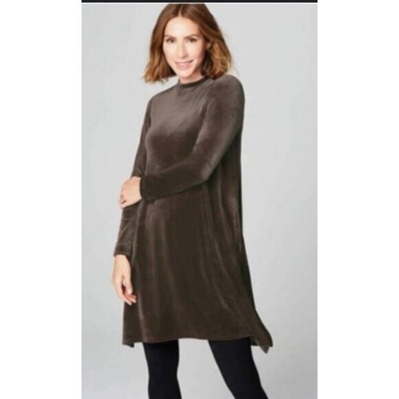 J JILL Mocha Dipped Hem Crushed Velour Dress Women Small Velvet Pockets Winter - Picture 1 of 13